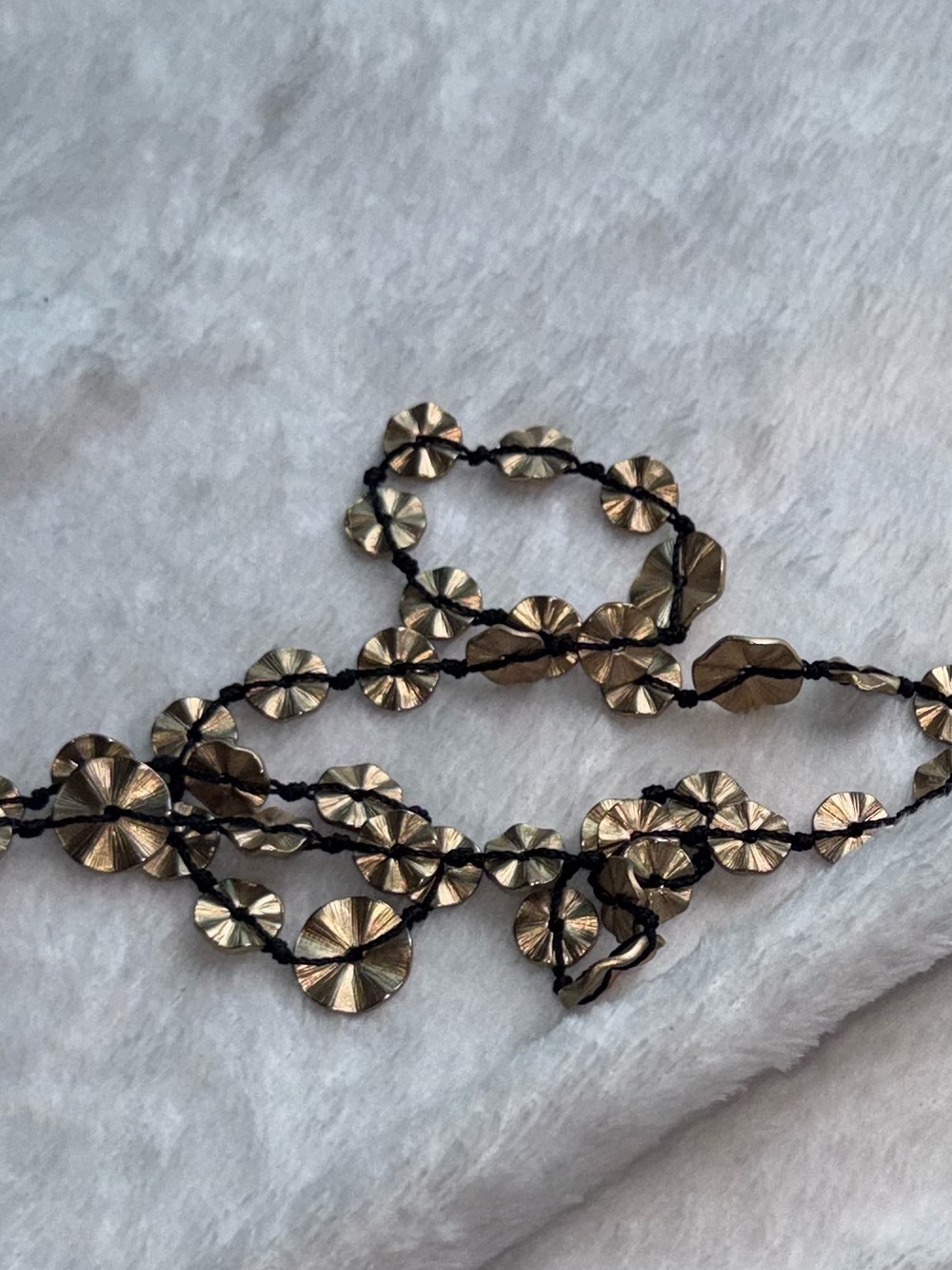 BOHO Necklace Black Cord Matte Gold Tone Textured Discs - Picture 3 of 6